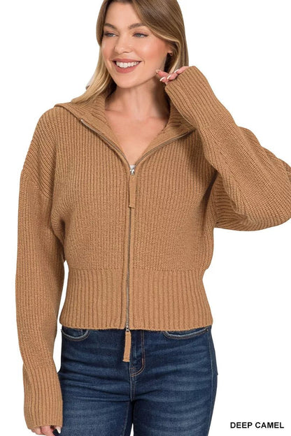Zenana Ribbed Collared Zip Up Sweater Cardigan - Bitsy Gypsy Boutique