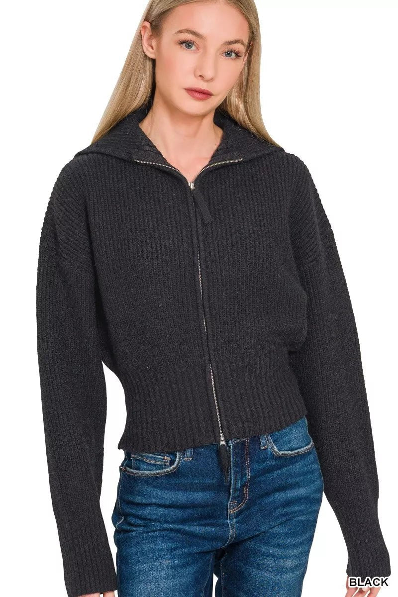 Zenana Ribbed Collared Zip Up Sweater Cardigan - Bitsy Gypsy Boutique