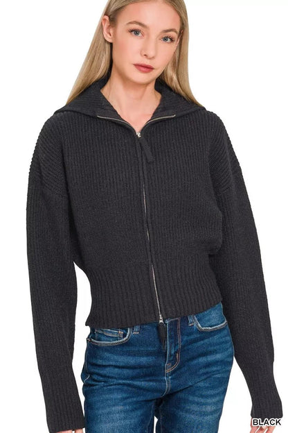 Zenana Ribbed Collared Zip Up Sweater Cardigan - Bitsy Gypsy Boutique