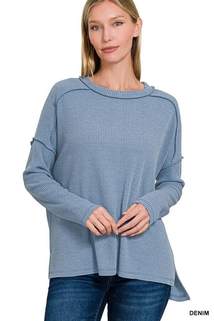 Zenana Ribbed Drop Shoulder Round Neck Sweater - Bitsy Gypsy Boutique