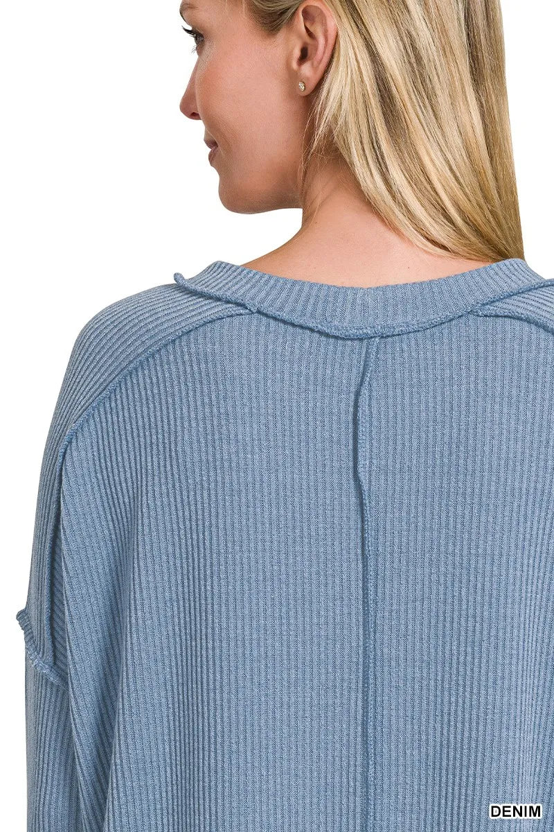 Zenana Ribbed Drop Shoulder Round Neck Sweater - Bitsy Gypsy Boutique