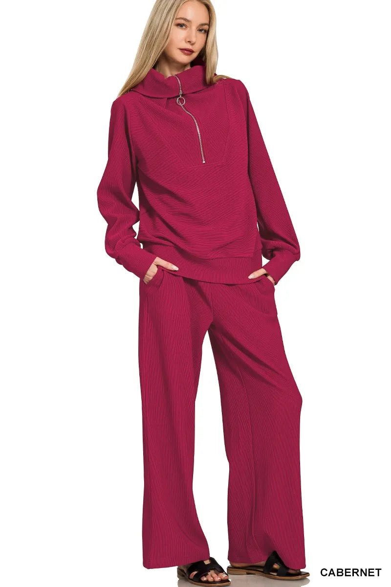 Zenana Ribbed High Neck Half Zip Pullover & Pants Set - Bitsy Gypsy Boutique