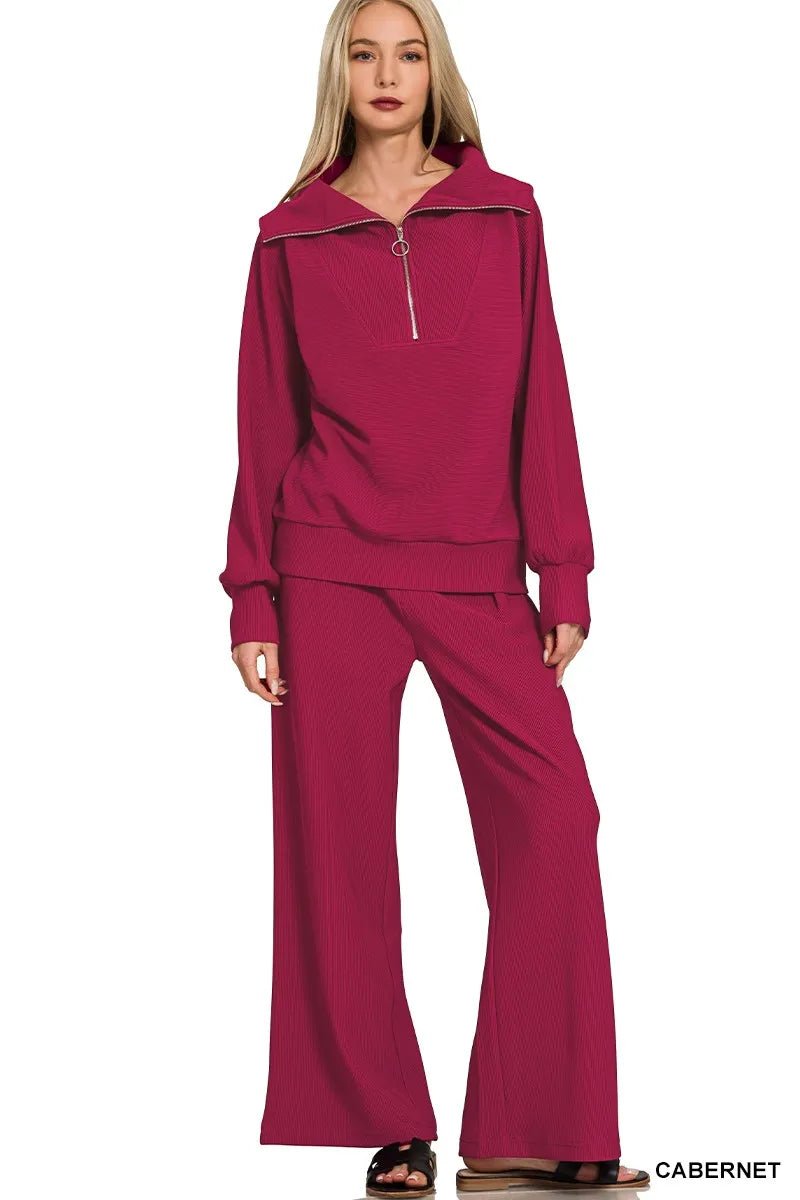 Zenana Ribbed High Neck Half Zip Pullover & Pants Set - Bitsy Gypsy Boutique