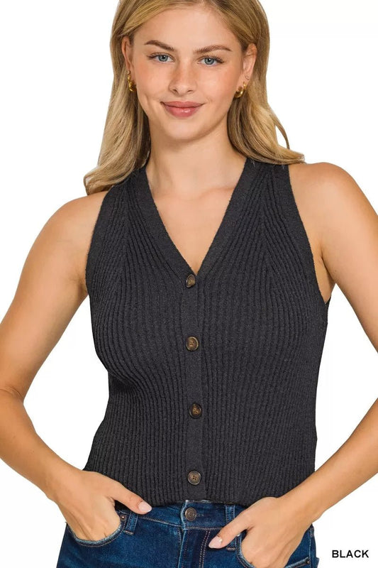 Zenana Ribbed Knit Button - Down Sweater Vest - Bitsy Gypsy Boutique