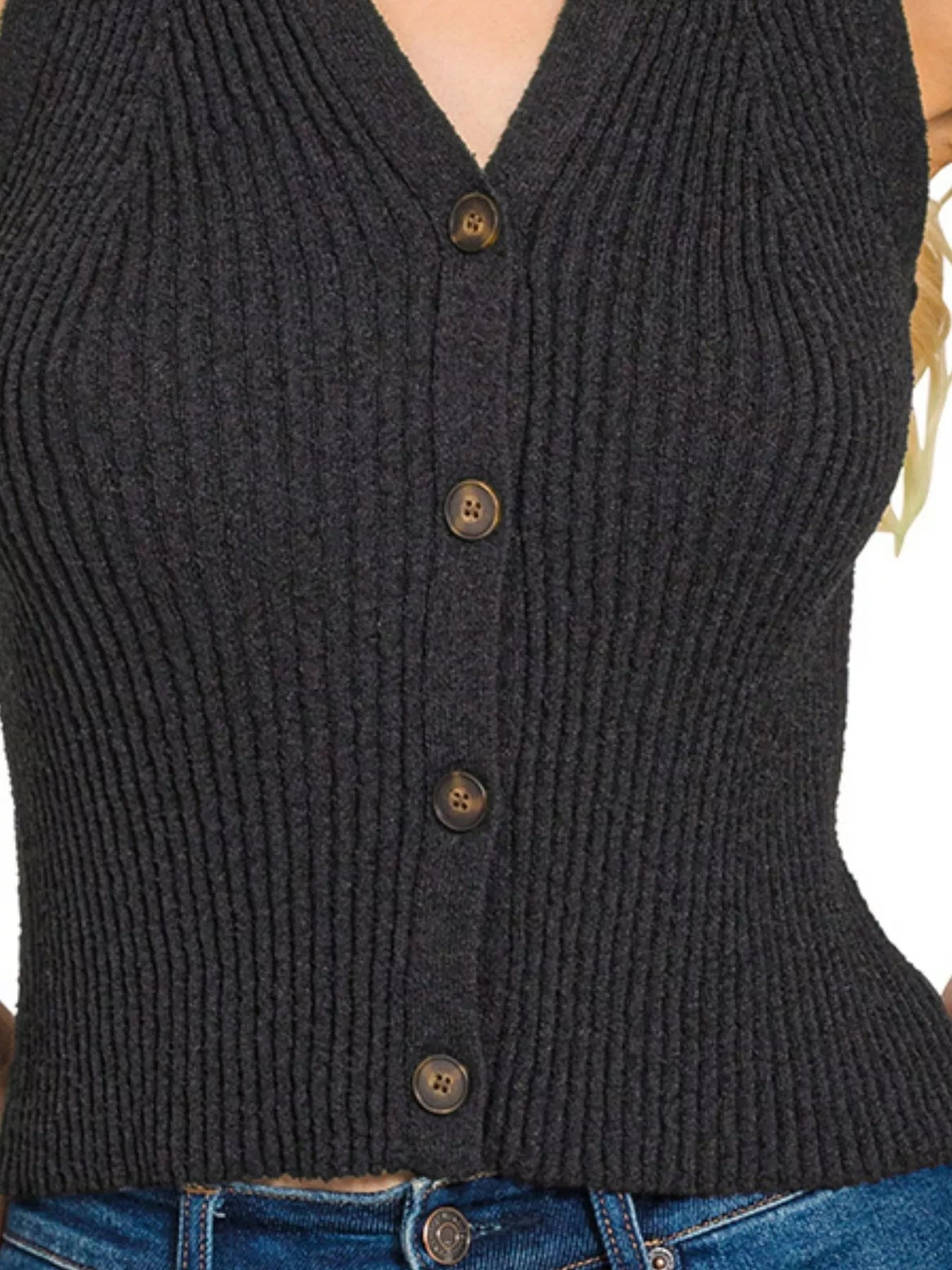 Zenana Ribbed Knit Button - Down Sweater Vest - Bitsy Gypsy Boutique