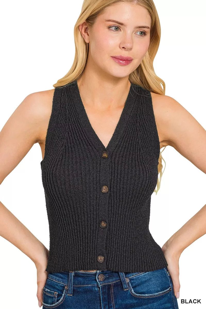 Zenana Ribbed Knit Button - Down Sweater Vest - Bitsy Gypsy Boutique