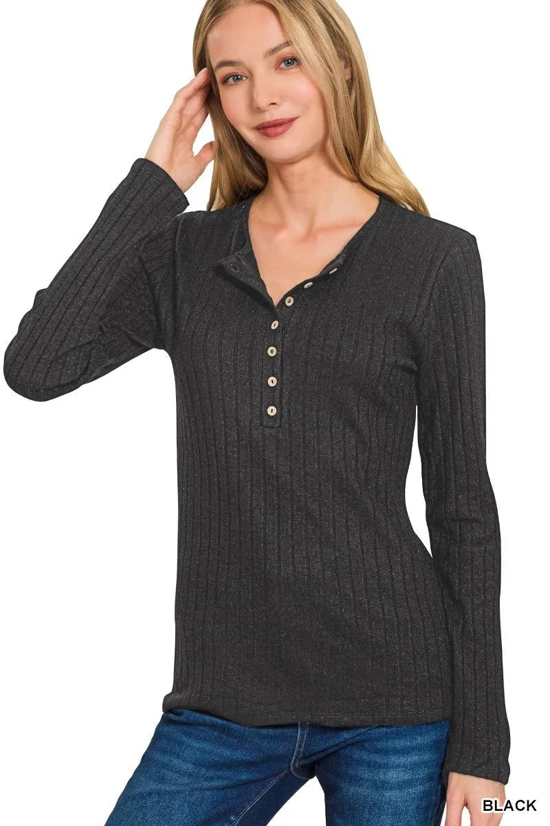Zenana Ribbed Long Sleeve Half Button Top - Bitsy Gypsy Boutique