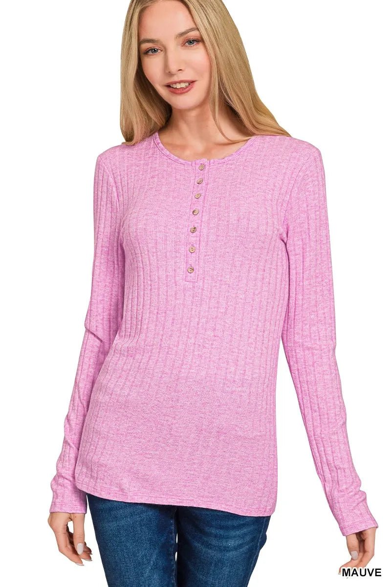 Zenana Ribbed Long Sleeve Half Button Top - Bitsy Gypsy Boutique