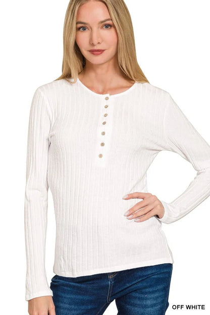 Zenana Ribbed Long Sleeve Half Button Top - Bitsy Gypsy Boutique