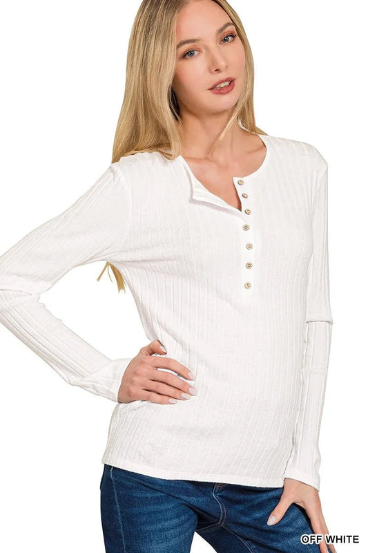 Zenana Ribbed Long Sleeve Half Button Top - Bitsy Gypsy Boutique