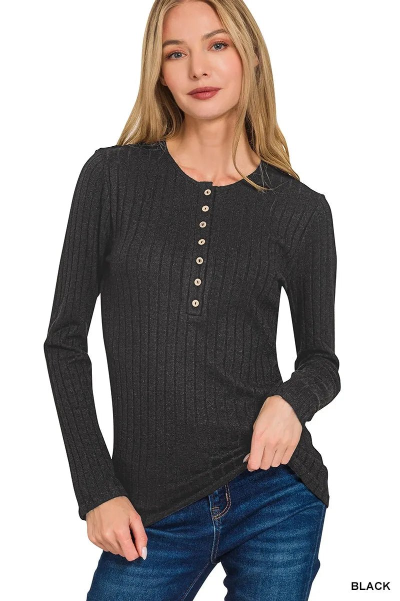 Zenana Ribbed Long Sleeve Half Button Top - Bitsy Gypsy Boutique