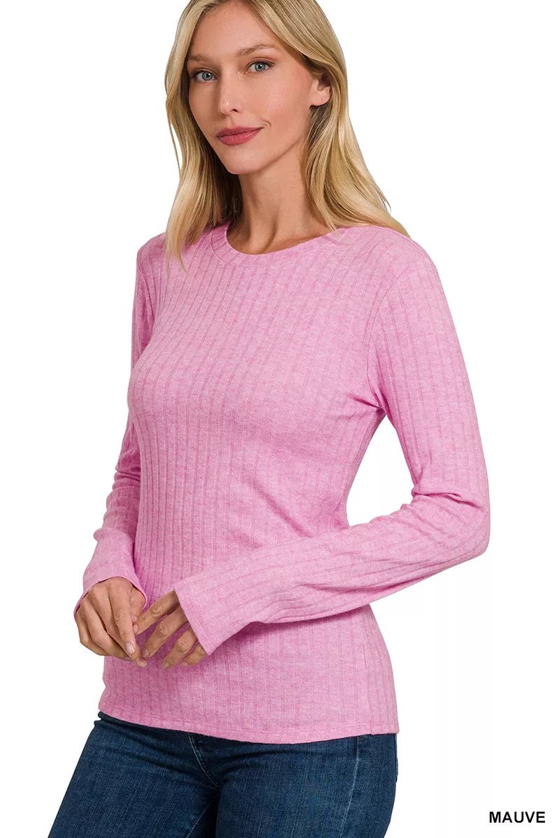 Zenana Ribbed Long Sleeve Round Neck T-Shirt - Bitsy Gypsy Boutique