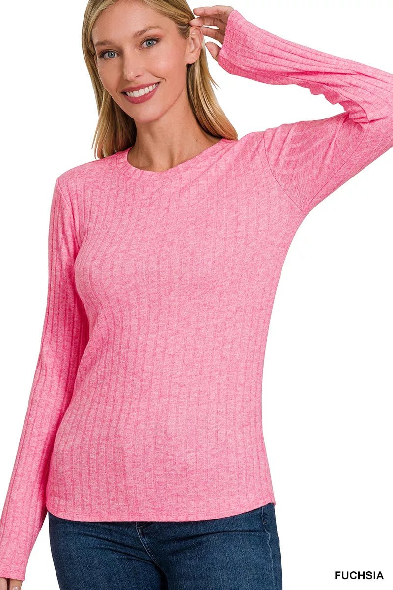 Zenana Ribbed Long Sleeve Round Neck T-Shirt - Bitsy Gypsy Boutique