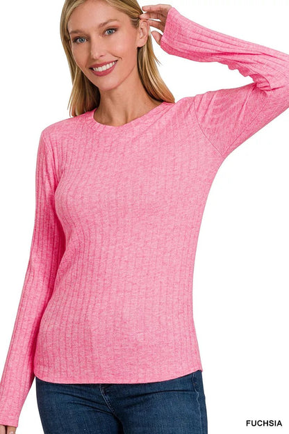 Zenana Ribbed Long Sleeve Round Neck T-Shirt - Bitsy Gypsy Boutique