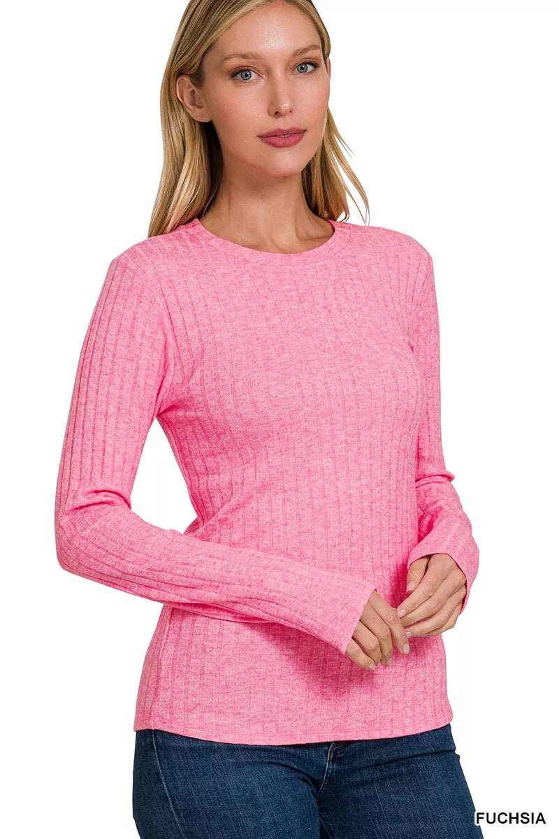 Zenana Ribbed Long Sleeve Round Neck T-Shirt - Bitsy Gypsy Boutique
