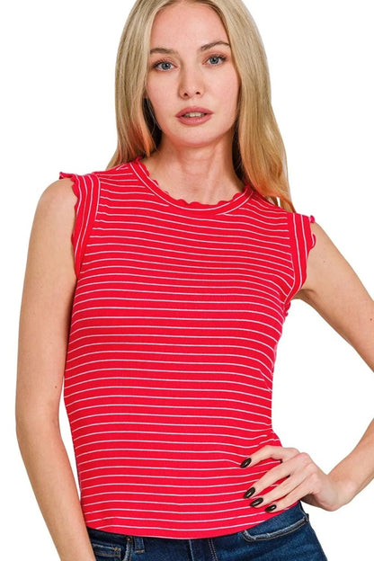 Zenana Ribbed Ruffle Trim Sleeveless Stripe Top - Bitsy Gypsy Boutique