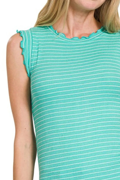 Zenana Ribbed Ruffle Trim Sleeveless Stripe Top - Bitsy Gypsy Boutique