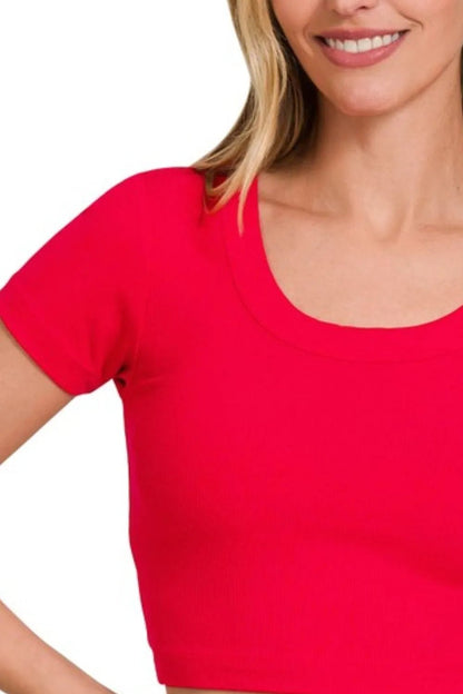 Zenana Ribbed Scoop Neck Crop Short Sleeve Top - Bitsy Gypsy Boutique