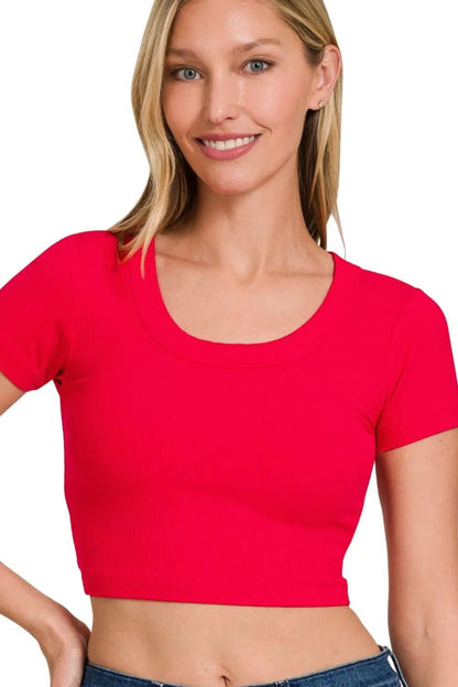 Zenana Ribbed Scoop Neck Crop Short Sleeve Top - Bitsy Gypsy Boutique