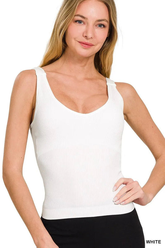 Zenana Ribbed Seamless Bra Padded V - neck Tank Top - Bitsy Gypsy Boutique