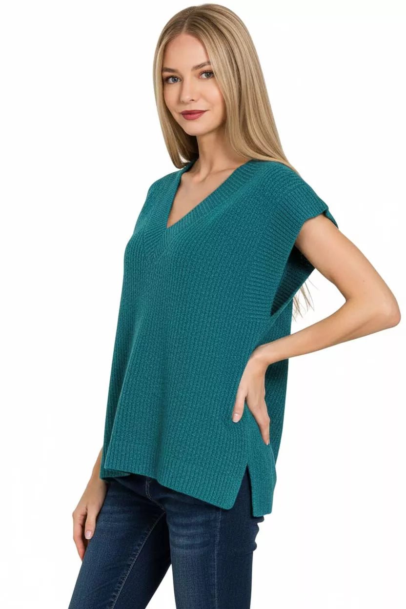 Zenana Ribbed Slit V - Neck Sweater Vest - Bitsy Gypsy Boutique
