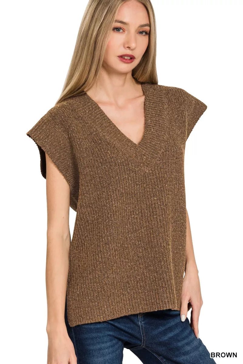 Zenana Ribbed Slit V - Neck Sweater Vest - Bitsy Gypsy Boutique