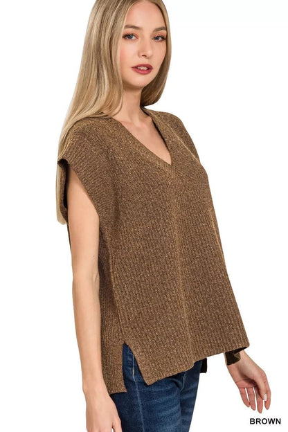Zenana Ribbed Slit V - Neck Sweater Vest - Bitsy Gypsy Boutique
