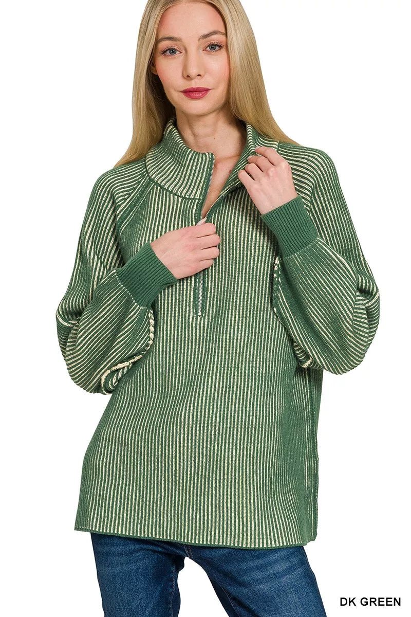 Zenana Ribbed Two Tone Half Zip Sweater - Bitsy Gypsy Boutique