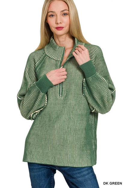 Zenana Ribbed Two Tone Half Zip Sweater - Bitsy Gypsy Boutique