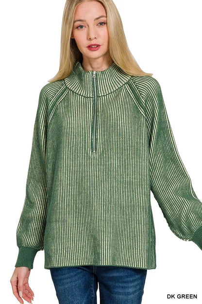 Zenana Ribbed Two Tone Half Zip Sweater - Bitsy Gypsy Boutique