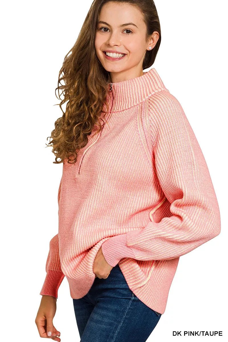 Zenana Ribbed Two Tone Half Zip Sweater - Bitsy Gypsy Boutique
