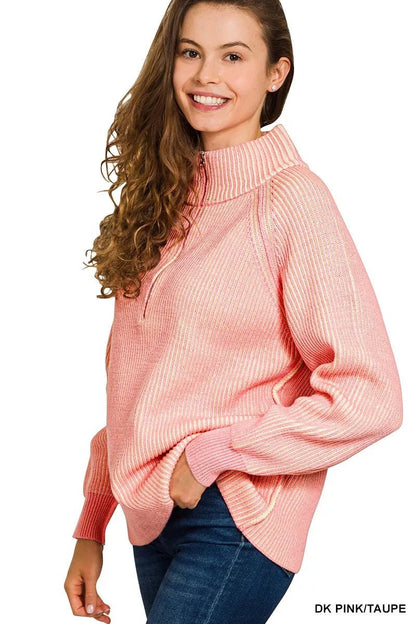 Zenana Ribbed Two Tone Half Zip Sweater - Bitsy Gypsy Boutique