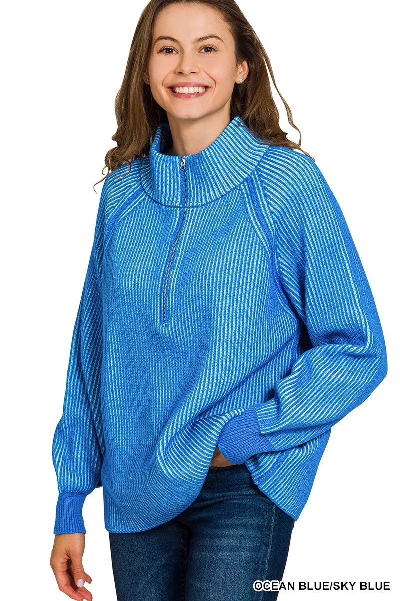 Zenana Ribbed Two Tone Half Zip Sweater - Bitsy Gypsy Boutique