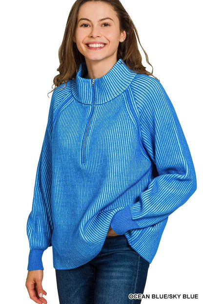 Zenana Ribbed Two Tone Half Zip Sweater - Bitsy Gypsy Boutique