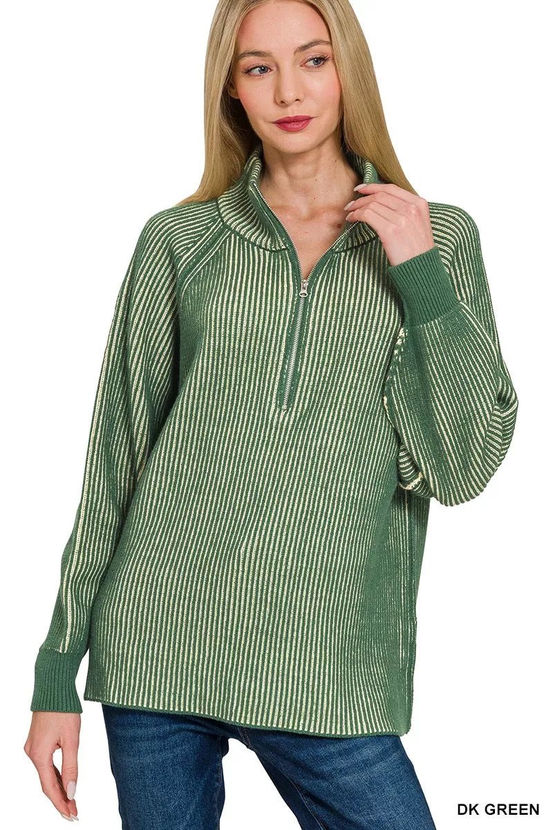 Zenana Ribbed Two Tone Half Zip Sweater - Bitsy Gypsy Boutique