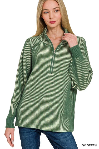 Zenana Ribbed Two Tone Half Zip Sweater - Bitsy Gypsy Boutique