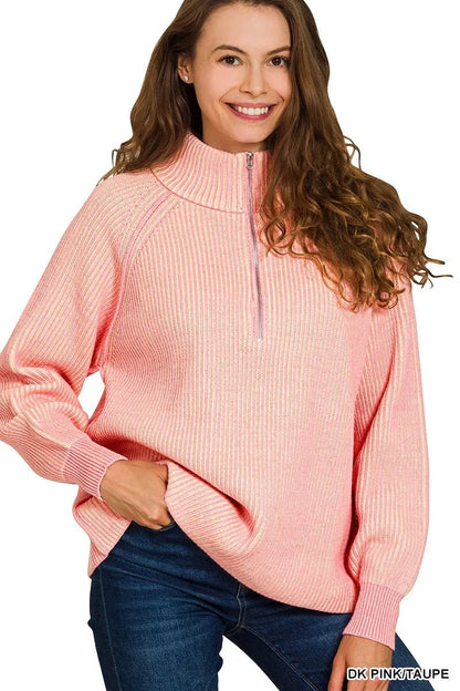 Zenana Ribbed Two Tone Half Zip Sweater - Bitsy Gypsy Boutique