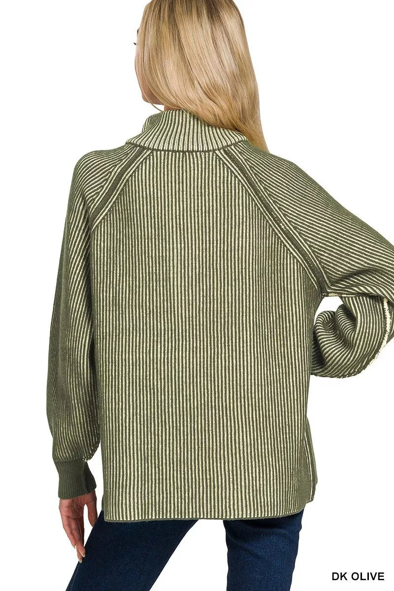 Zenana Ribbed Two Tone Half Zip Sweater - Bitsy Gypsy Boutique