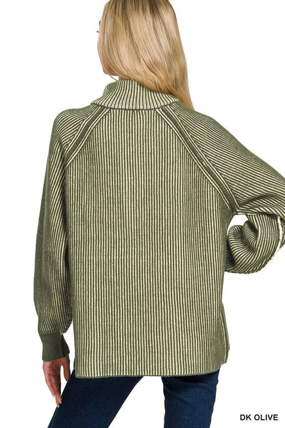 Zenana Ribbed Two Tone Half Zip Sweater - Bitsy Gypsy Boutique