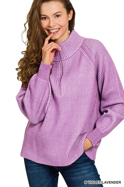 Zenana Ribbed Two Tone Half Zip Sweater - Bitsy Gypsy Boutique