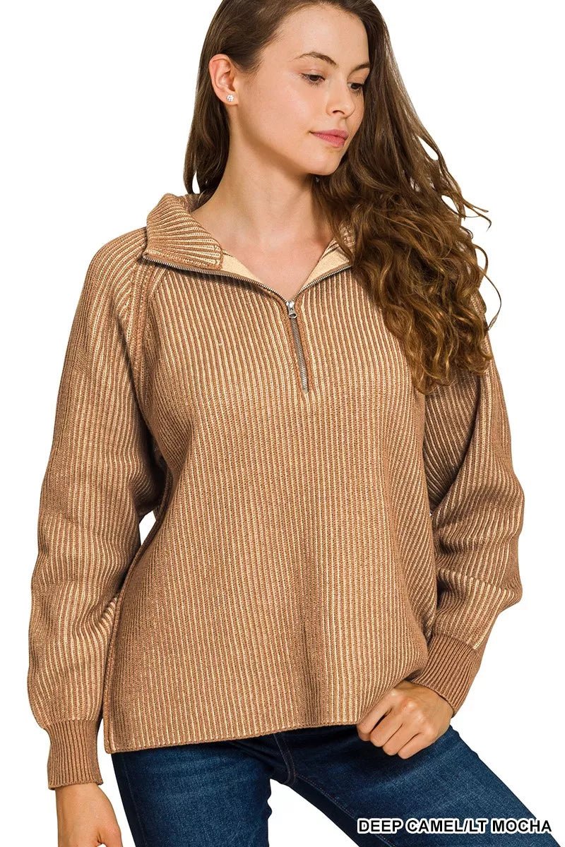 Zenana Ribbed Two Tone Half Zip Sweater - Bitsy Gypsy Boutique