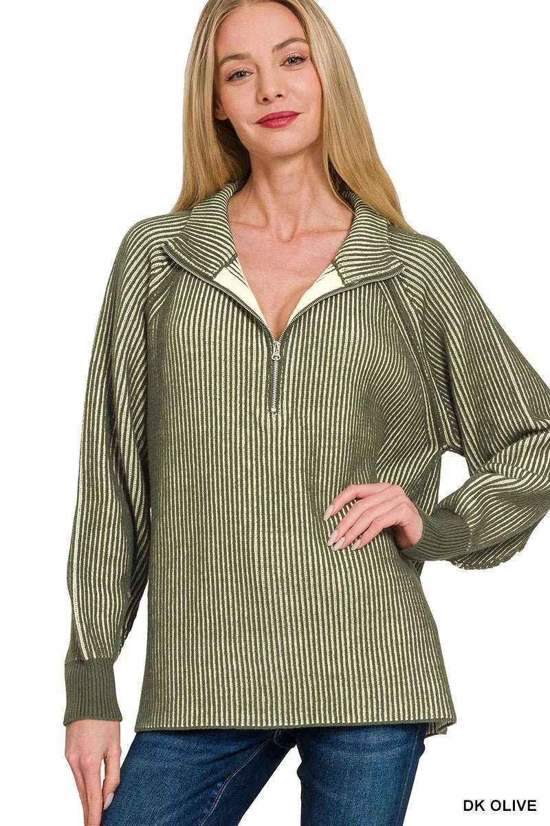 Zenana Ribbed Two Tone Half Zip Sweater - Bitsy Gypsy Boutique