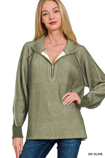 Zenana Ribbed Two Tone Half Zip Sweater - Bitsy Gypsy Boutique