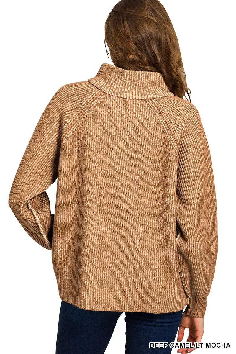 Zenana Ribbed Two Tone Half Zip Sweater - Bitsy Gypsy Boutique