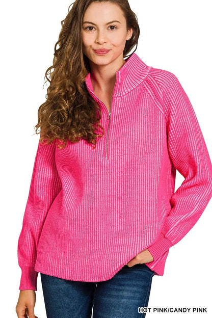 Zenana Ribbed Two Tone Half Zip Sweater - Bitsy Gypsy Boutique