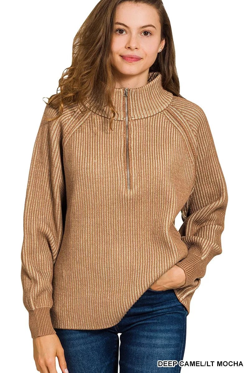 Zenana Ribbed Two Tone Half Zip Sweater - Bitsy Gypsy Boutique
