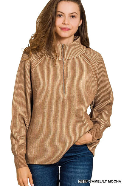 Zenana Ribbed Two Tone Half Zip Sweater - Bitsy Gypsy Boutique