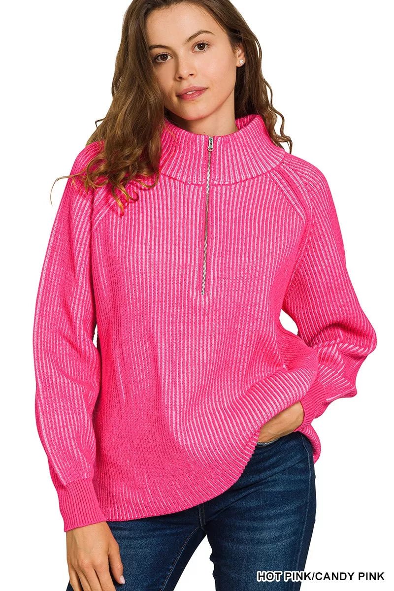 Zenana Ribbed Two Tone Half Zip Sweater - Bitsy Gypsy Boutique