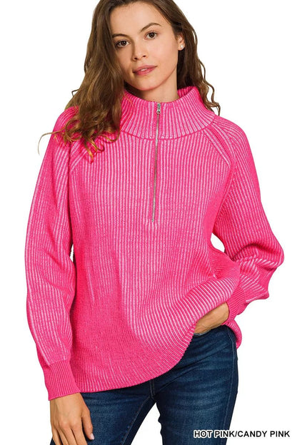 Zenana Ribbed Two Tone Half Zip Sweater - Bitsy Gypsy Boutique