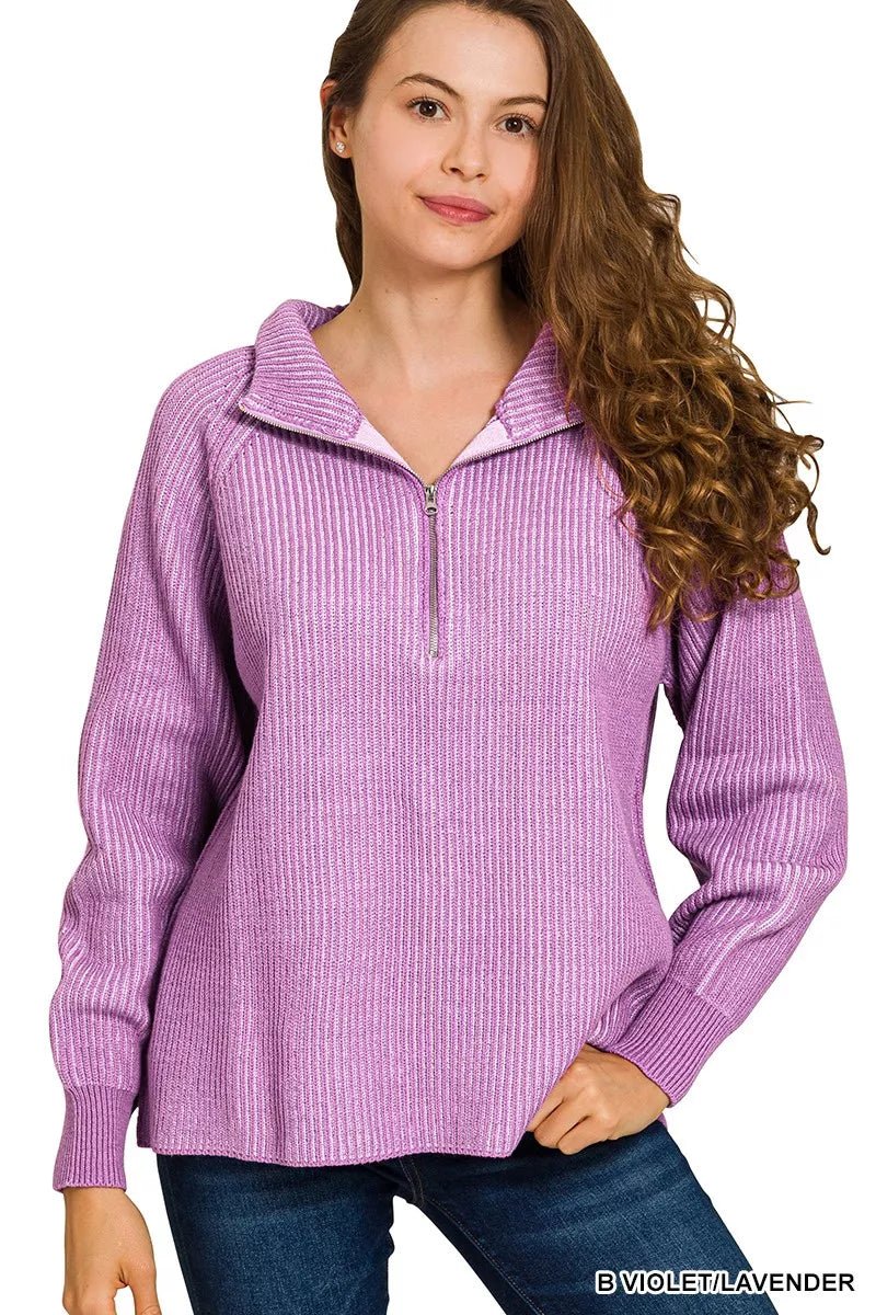 Zenana Ribbed Two Tone Half Zip Sweater - Bitsy Gypsy Boutique